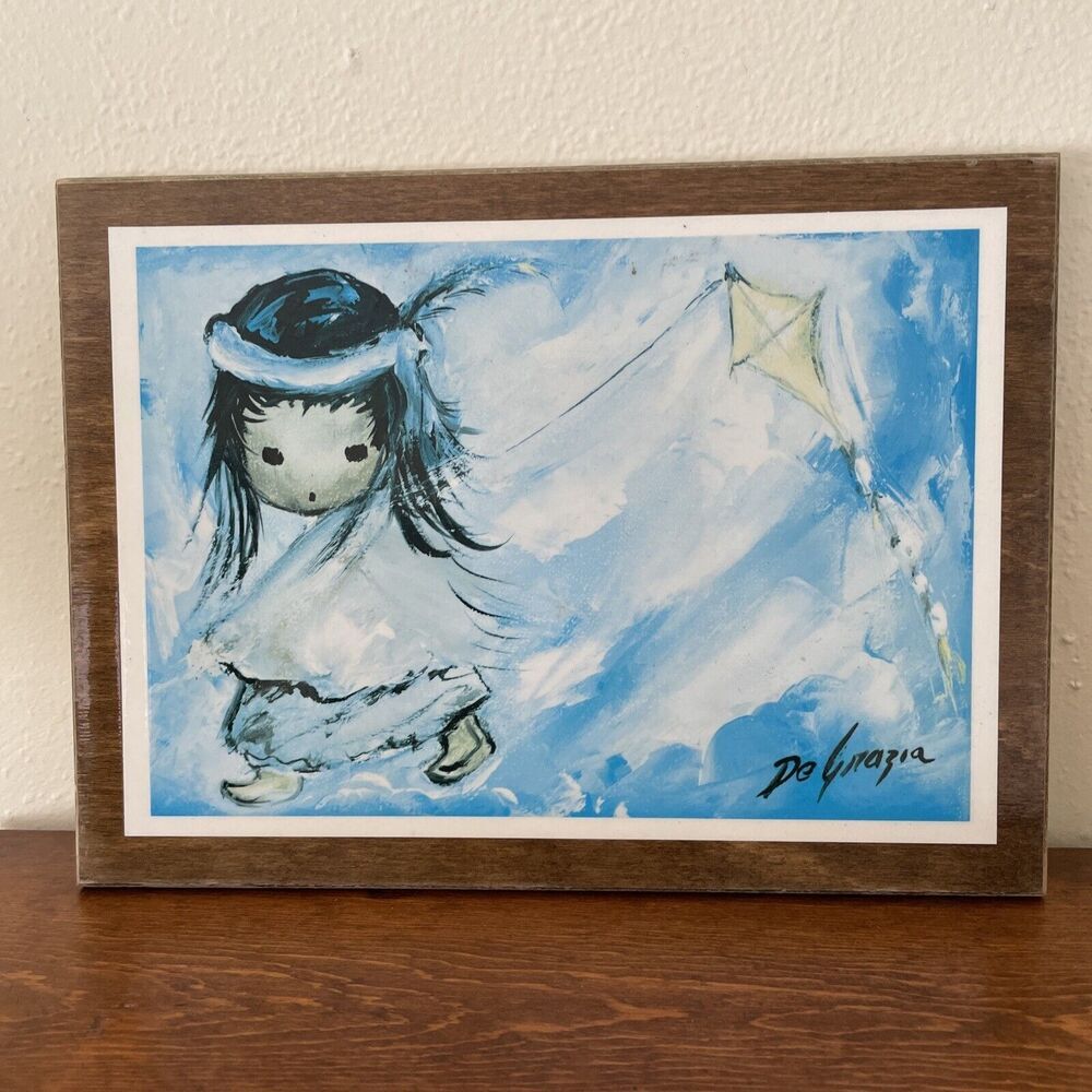 Ted De Grazia Wood Plaque Art Away With My Kite Native American Child Vintage‎